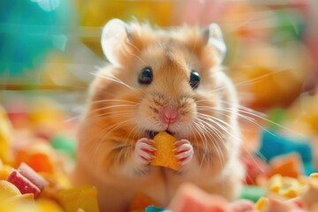 A cute hamster munching on a snack amidst colorful bedding.
