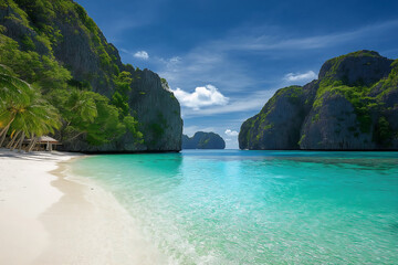 Naklejka premium Tropical beach paradise with white sand, turquoise water, lush green cliffs, and clear blue skies, perfect for summer vacations, travel escapes, relaxation, and exotic coastal adventures