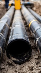 Close-up of black pipes laid on the ground for construction or plumbing.