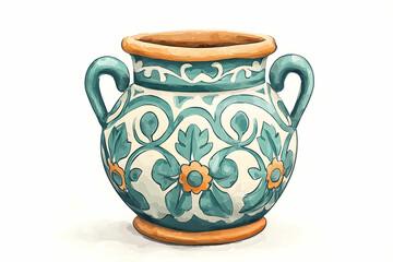 Decorative ceramic pot with floral patterns and green-blue accents ideal for home decor and artistic presentations