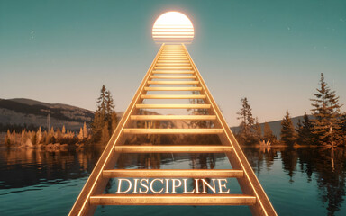 Golden Ladder to Success: A golden ladder leads to a glowing sun, symbolizing the path to success through discipline, determination, and hard work. The tranquil lake reflects the journey ahead.