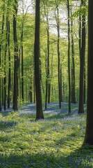 Fototapeta premium Lush forest scene with vibrant greenery and blue flowers.