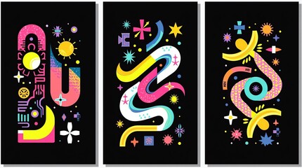 Vibrant Geometric Designs in Bold Colors on Black Background