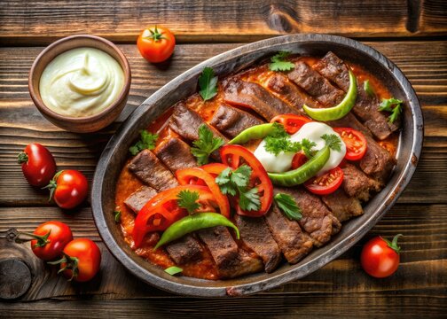Juicy lamb, sizzling tomatoes, and creamy yogurt: an aerial view of Iskender kebab perfection.