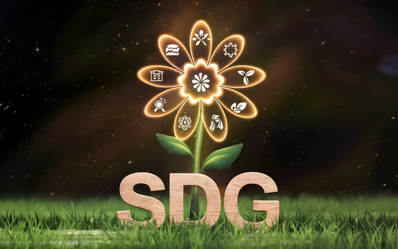Sustainable Future: A glowing flower with icons representing the 17 Sustainable Development Goals blooms over the word SDG.  The image is set against a dark sky with stars.