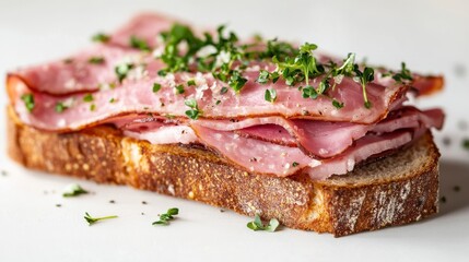 Close-up of folded ham meat on rustic bread, tender pink deli meat layers, small green herb garnish, high-resolution food photography, bright studio lighting, pure white backdrop