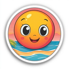 Fototapeta premium A cheerful sun character with a smiling face over a beach scene.