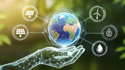 Sustainable Future in Our Hands: A hand, rendered in a futuristic, digital style, cradles a glowing globe, surrounded by icons symbolizing renewable energy sources.