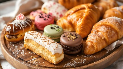 assortment of French pastries, including macarons, croissants etc displayed on a vintage wooden tray.