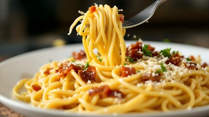 Close up of creamy spaghetti carbonara topped with crispy pancetta, grated Parmesan and a sprinkle of parsley. dish is served on a white plate with a fork twirling the pasta.