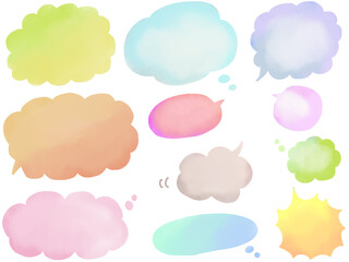 吹き出し：カラフルな水彩風手描きふきだしセット