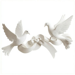 Fototapeta premium Elegant doves holding ribbon create romantic vibe for decor, isolated design on white background 