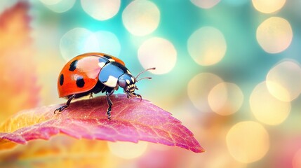 Close-up of ladybug on autumn leaf, bokeh background. Perfect for nature, spring, or insect themes; evokes feelings of hope and new beginnings.