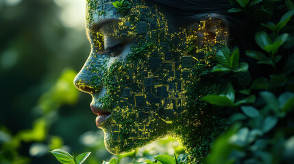 The green leaves overlap with the woman's face