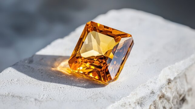 A vibrant topaz gemstone in a radiant cut, centered on a white surface.