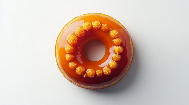 Artfully decorated donut with dual-tone spherical toppings, rich amber glaze, luxury pastry presentation, commercial food styling, bright white background, top-down view