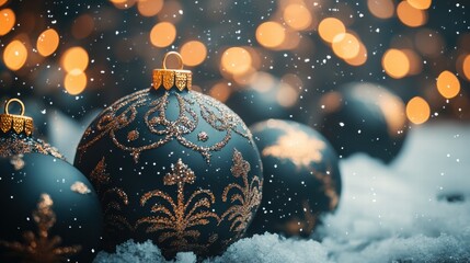 Dark Teal Christmas Ornaments in Snow with Bokeh Lights