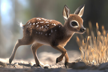 Fototapeta premium Adorable young deer fawn exploring sunlit forest path amidst natural beauty and greenery in tranquil setting