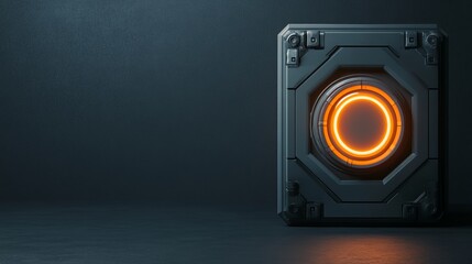 Futuristic black box with glowing orange circular detail. Bound and Safeguard concept.