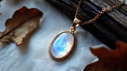 A moonstone pendant with a radiant glow, elegantly displayed on white.