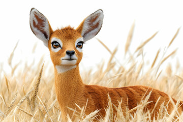 Realistic portrayal of a young deer standing gracefully in a field of golden grass under a clear white sky