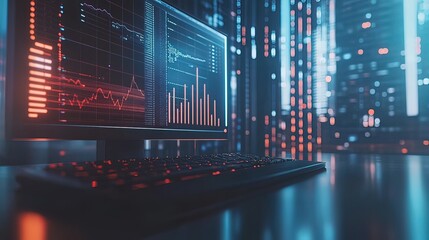 Computer screen displays stock market data graphs and charts in a server room at night.