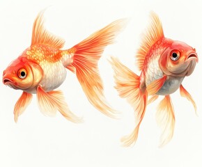 Fototapeta premium Two vibrant orange goldfish, one facing left, one right, isolated on white.