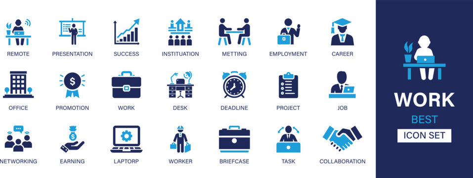 Work icon set collection. Remote, presentation, success, institution, project, meting, employment, career, office, promotion, work, desk and best solid icon set.