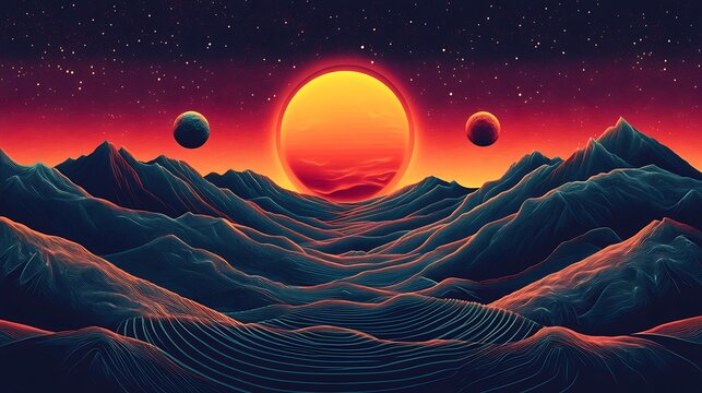 Stunning cosmic landscape featuring a vibrant sunset,three celestial bodies,and a mesmerizing mountain range rendered in a unique line art style