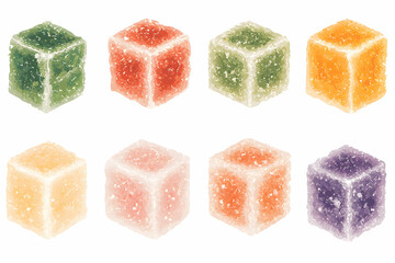 Colorful and Sugary Jelly Cubes on White Background for Sweet Treat Concepts and Culinary Inspiration