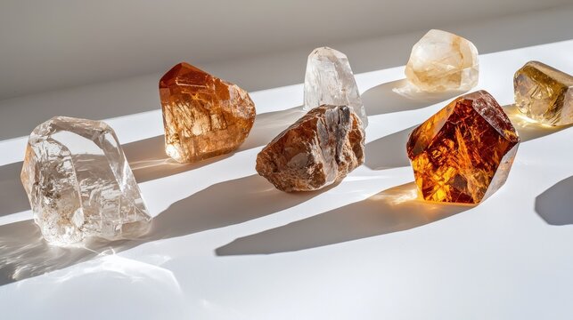 A set of raw and polished topaz stones, arranged on a clean white surface.