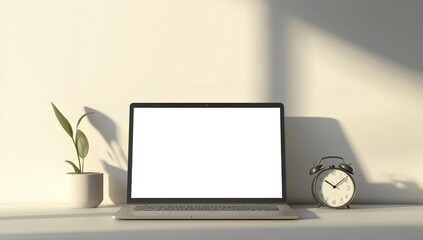 Fototapeta premium Laptop, Plant, and Alarm Clock on a White Desk