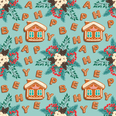 Seamless Christmas pattern. Holiday background with Christmas elements. Cartoon texture for fabric, wallpaper, wrapping paper.