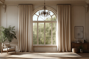 Elegant room interior with large arched window, curtains, and sunlight.