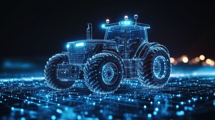 Digital holographic tractor in futuristic landscape