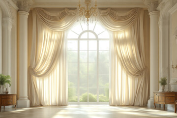Elegant room with large window and sunlight.