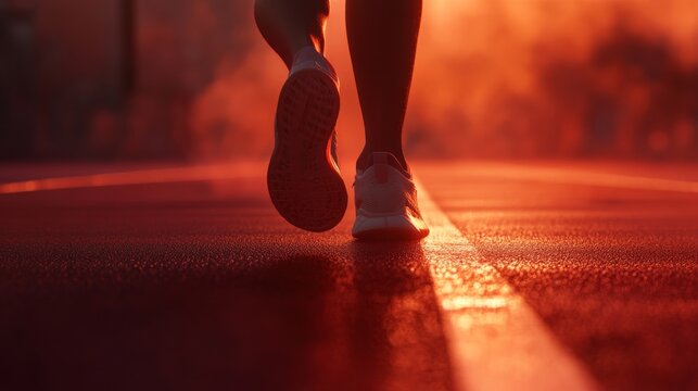 Young athlete entering 2025, sleek sports shoes, track numbers focus, dawn light atmosphere, red running surface, age 20-25, fresh start visualization, goal setting metaphor, aspirational fitness