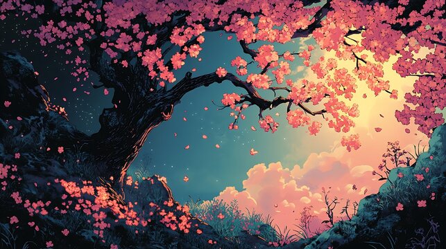 Enchanted Cherry Blossom Tree A Dreamlike Landscape Perfect for Fantasy, Anime, and Wellness Branding
