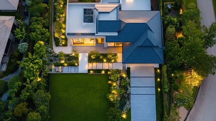 Aerial view of a modern house surrounded by landscaped gardens and pathways at night.