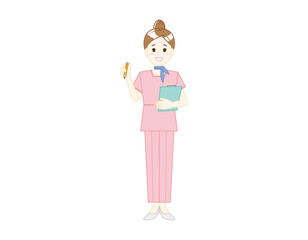 パンツスタイルで接客する女性のイラスト　美容アドバイススタッフ