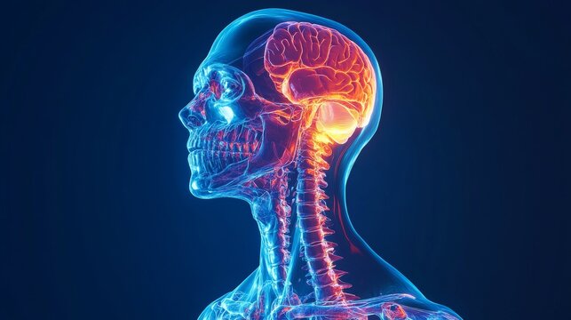 Wide aspect anatomical rendering, ethereal blue bone mapping, radiant orange stress point, layered transparency effect, modern medical visualization, glossy surface reflection