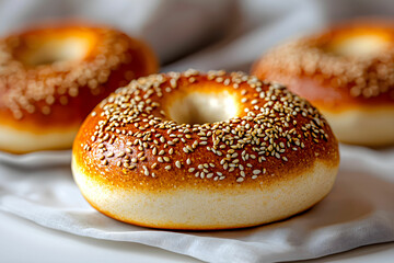 Freshly Baked Sesame Seed Bagels on a Soft Cloth Surface with Warm Lighting