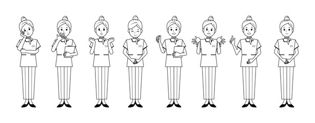 パンツスタイルで接客する女性のイラスト　美容アドバイススタッフ