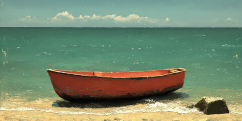  Red Boat on Sandy Shore by the Sea