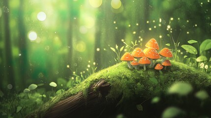 Enchanting cluster of vibrant orange mushrooms glowing softly on a mossy log in a lush green forest, illuminated by fireflies.
