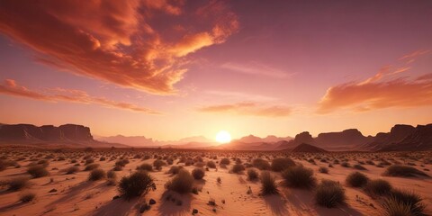 Naklejka premium Majestic fiery red and orange sky during sunset over desert landscape, nature, landscape