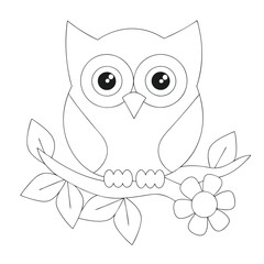 Adorable Cartoon Owl with Big Eyes Perched on a Branch for Coloring Pages and Creative Projects