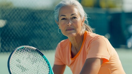 Mature female tennis enthusiast, athletic posture, light sports attire, modern tennis shoes, wearable fitness tech, sunny court environment