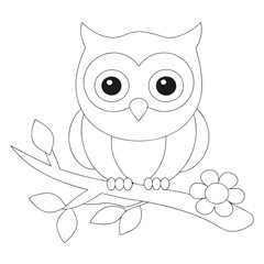 Adorable Cartoon Owl with Big Eyes Perched on a Branch for Coloring Pages and Creative Projects