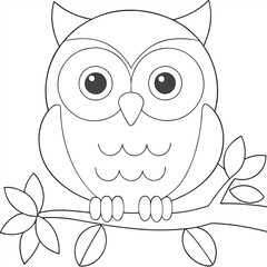 Adorable Cartoon Owl with Big Eyes Perched on a Branch for Coloring Pages and Creative Projects